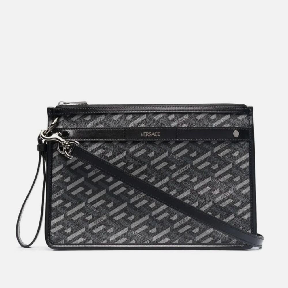 Versace La Greca Leather Messenger Bag Black Grey New